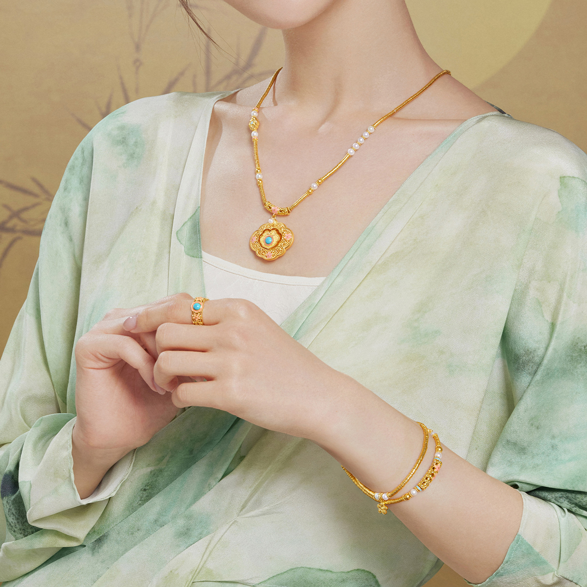 六福珠宝福满传家宋韵花开福临黄金项链女碎金子计价L07TBGN0031【联系客服补货】【视频看货】