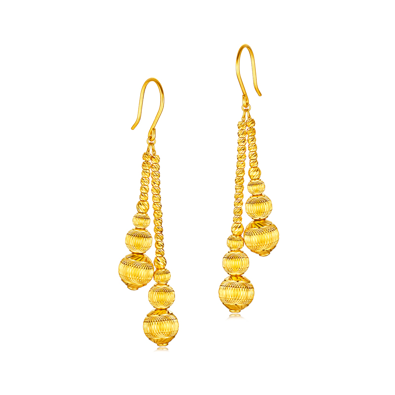 六福珠宝光影金幻影金珠黄金耳环耳坠女爆闪流苏耳饰计价020484ea【视频看货】