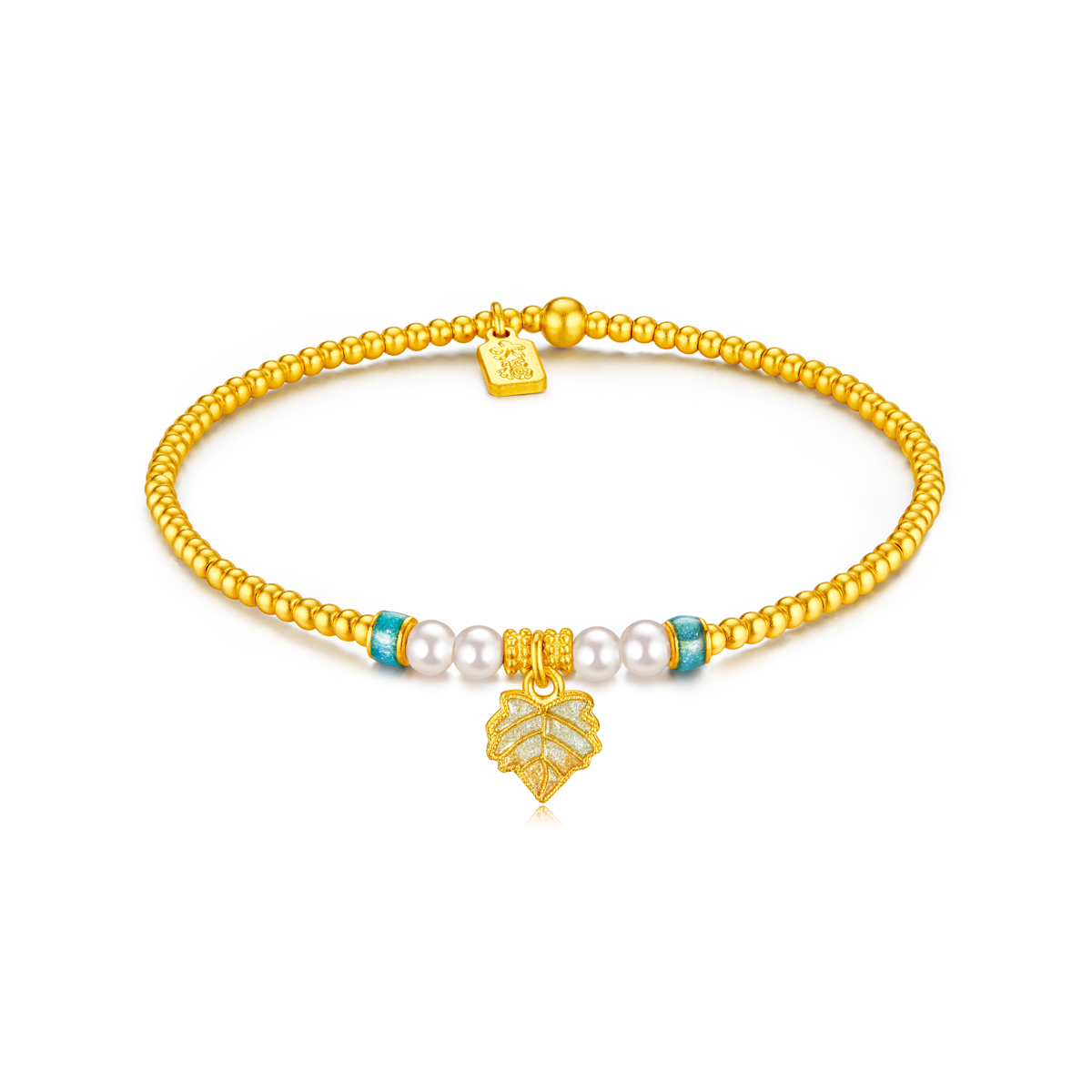 六福珠宝金叶子黄金手链珍珠女款鎏彩工艺金珠手串计价F48G0031DS