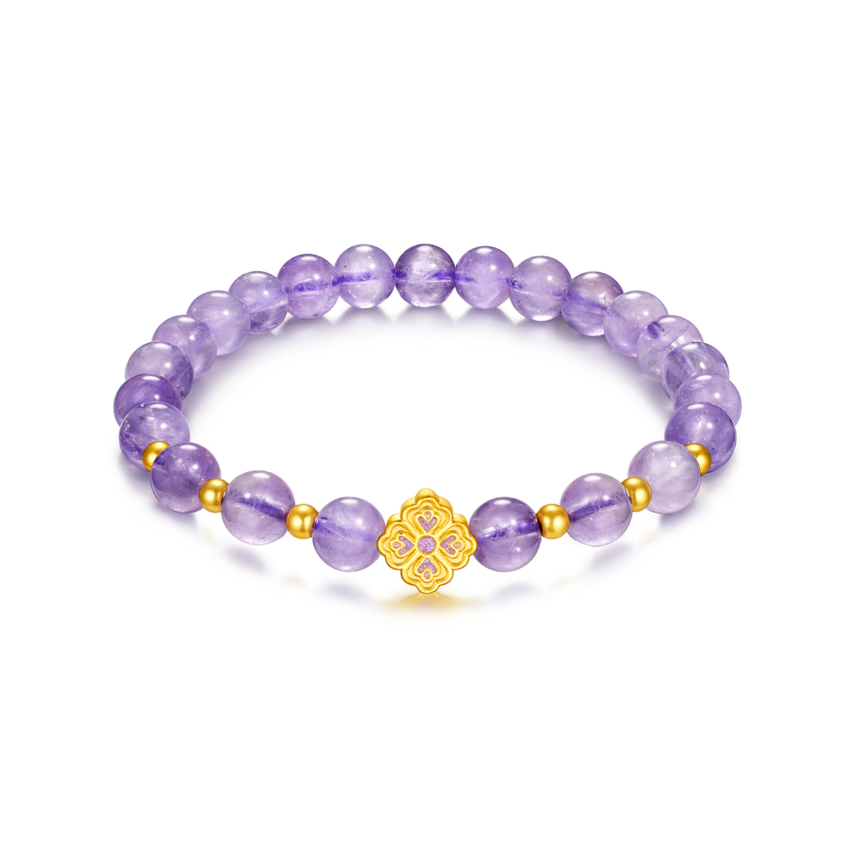 六福珠宝四叶草黄金转运珠手链女硬金珠6mm紫水晶手串A03A0004DS