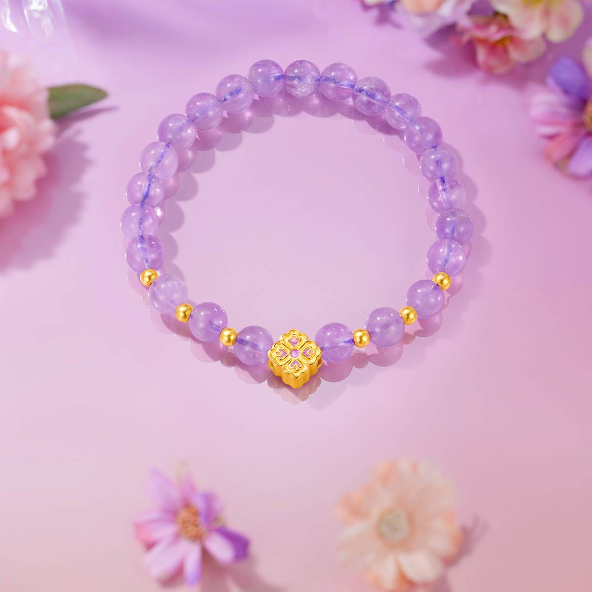 六福珠宝四叶草黄金转运珠手链女硬金珠6mm紫水晶手串A03A0004DS