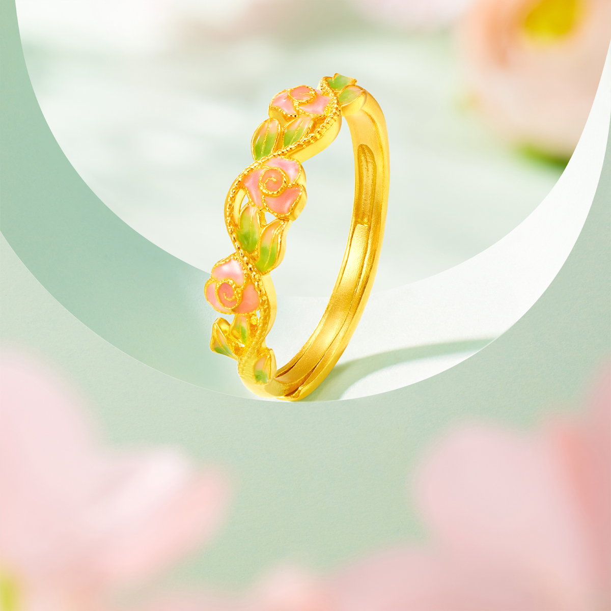 六福珠宝福满传家玫瑰花颂黄金戒指女鎏彩工艺足金计价G39G0001DS赏春