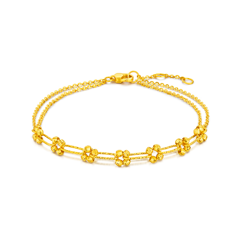 六福珠宝四叶草爆闪车花珠黄金手链女款双层闪O字链计价GJG0063DS