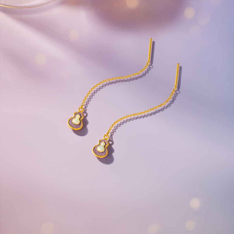 六福珠宝福满传家紫金葫芦九紫离火黄金足金耳线女计价HEG0024DS灵韵紫晶