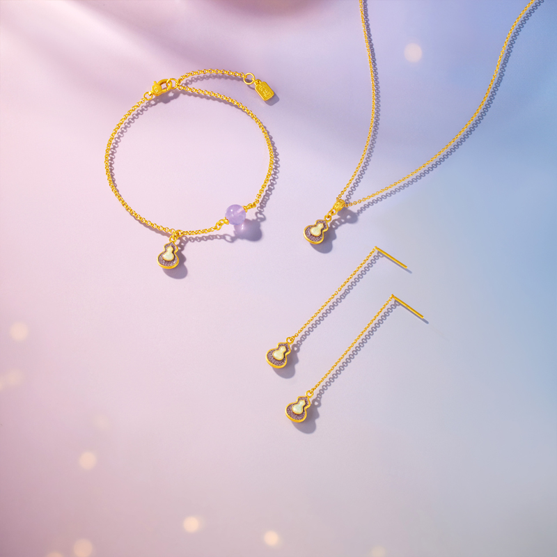 六福珠宝福满传家紫金葫芦九紫离火黄金足金耳线女计价HEG0024DS灵韵紫晶