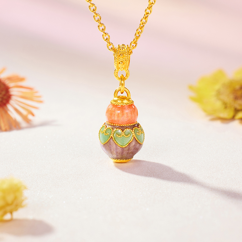 六福珠宝福满传家彩韵葫芦黄金项链鎏彩工艺古法计价HEG0019DS光影美韵