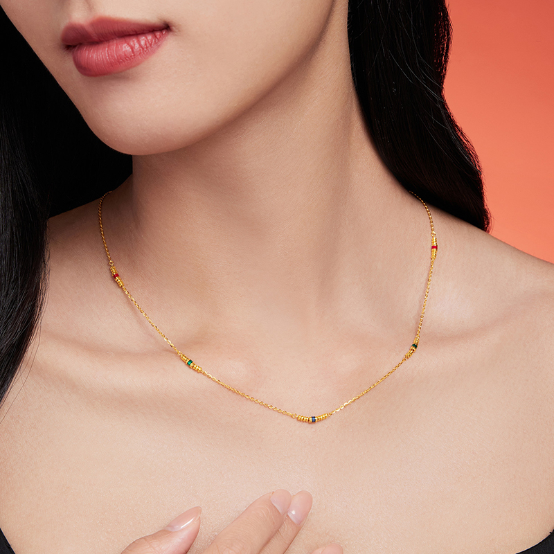 六福珠宝多巴胺筒珠黄金项链女款足金算盘珠锁骨链计价GJG0064DS