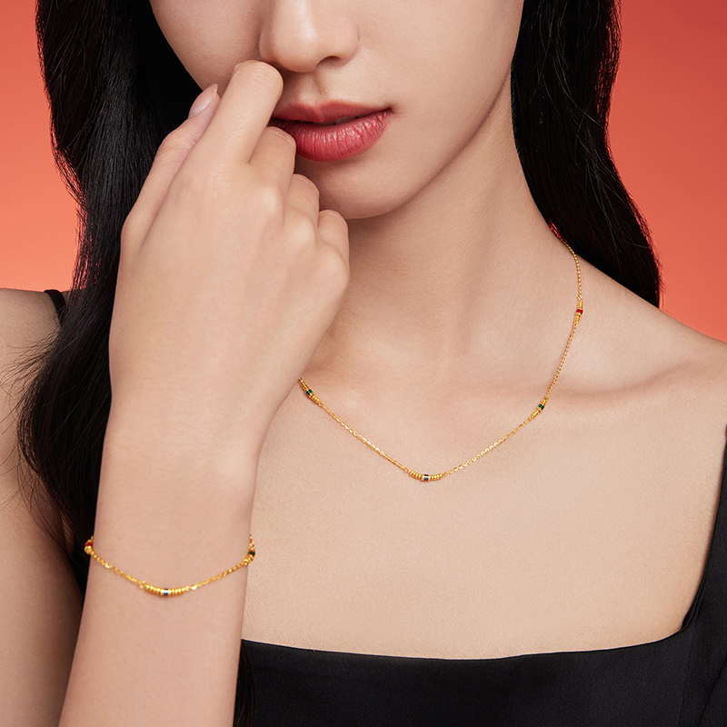 六福珠宝多巴胺筒珠黄金项链女款足金算盘珠锁骨链计价GJG0064DS