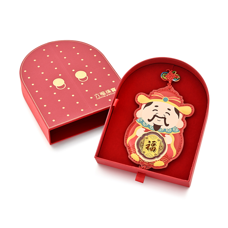 六福珠宝金蛇献宝抱福财神黄金摆件装饰汽车挂件足金礼物013298JA
