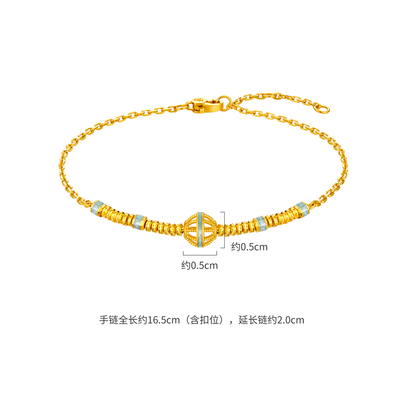 六福珠宝水冰蓝花丝珠黄金手链女款鎏彩工艺算盘珠计价GJG0070DS【联系客服补货】