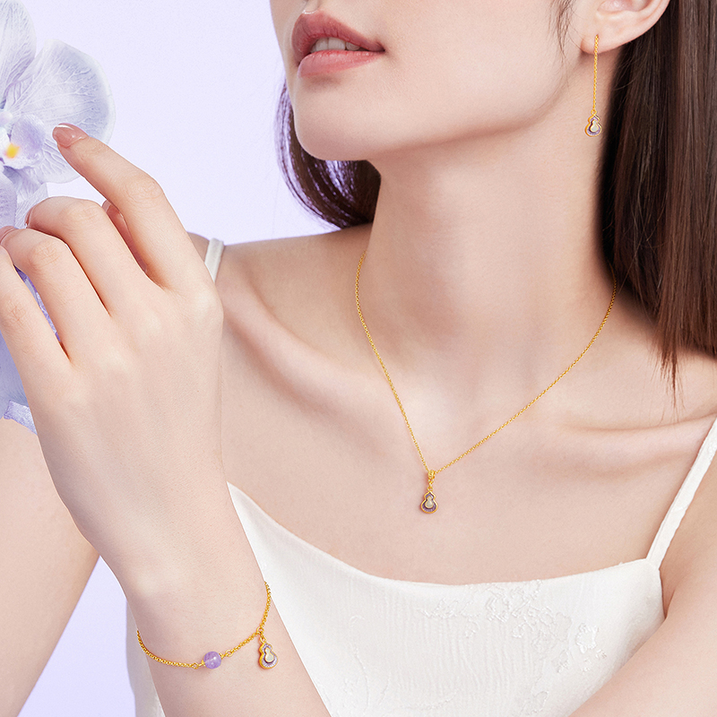 六福珠宝福满传家紫金葫芦九紫离火黄金足金耳线女计价HEG0024DS灵韵紫晶