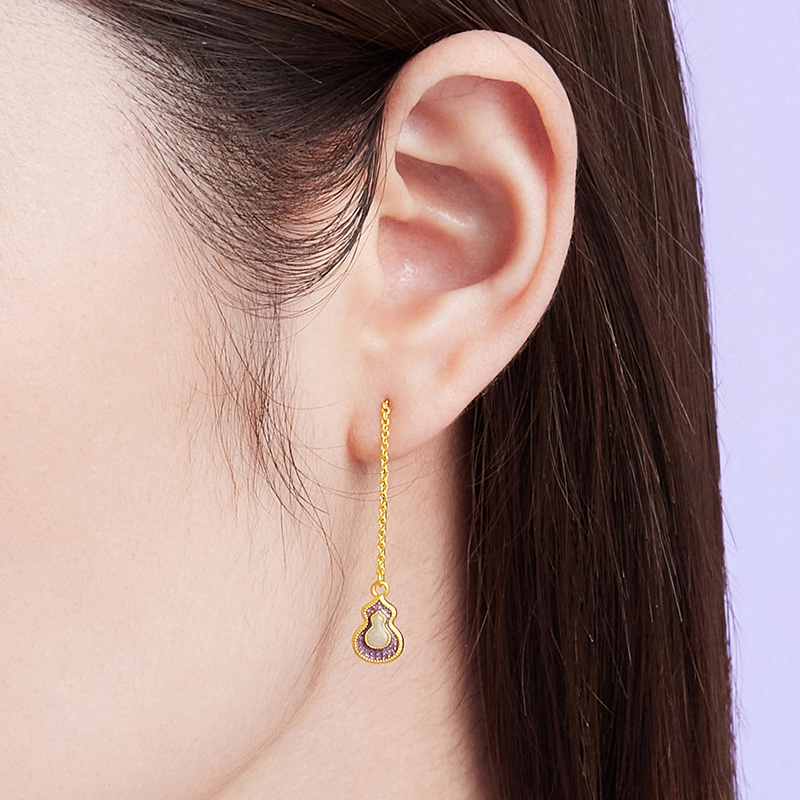 六福珠宝福满传家紫金葫芦九紫离火黄金足金耳线女计价HEG0024DS灵韵紫晶