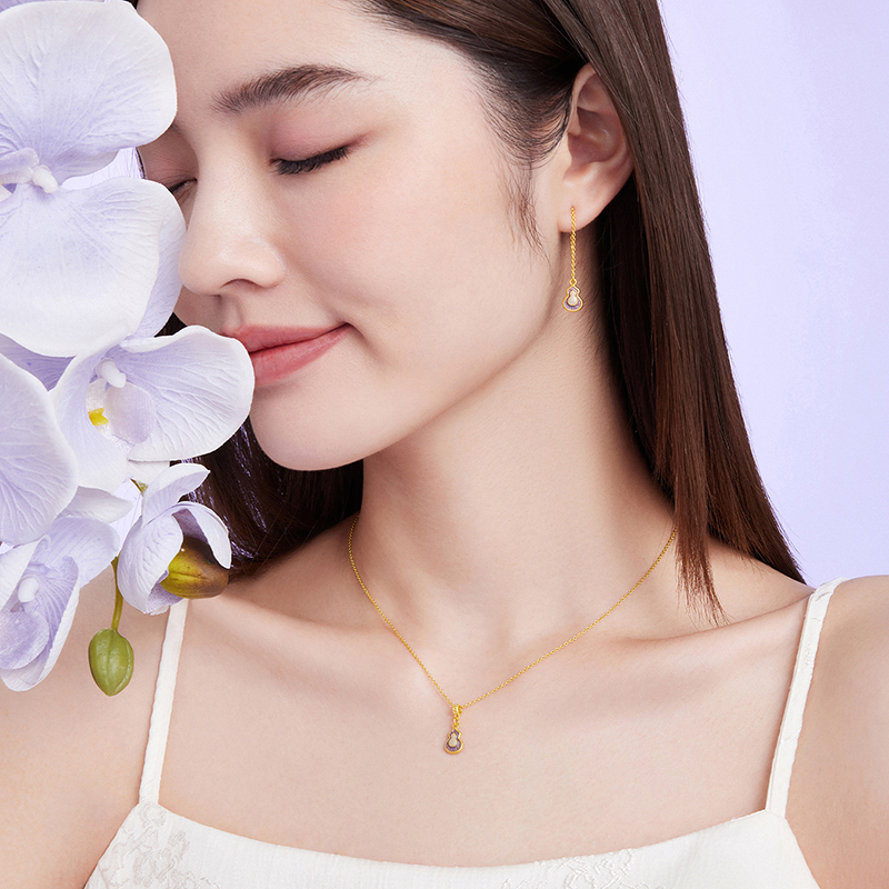 六福珠宝福满传家紫金葫芦九紫离火黄金足金耳线女计价HEG0024DS灵韵紫晶