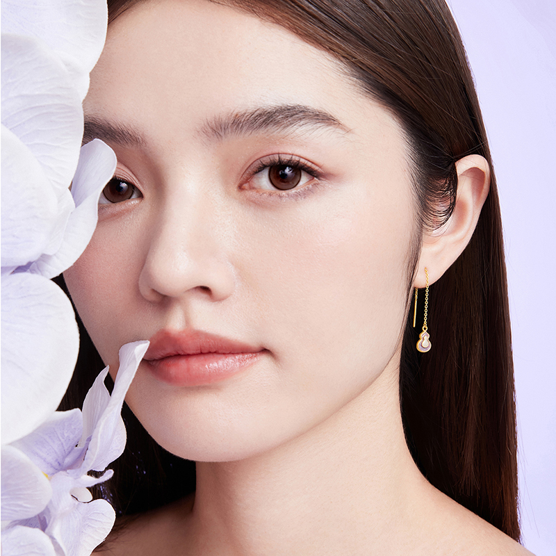 六福珠宝福满传家紫金葫芦九紫离火黄金足金耳线女计价HEG0024DS灵韵紫晶