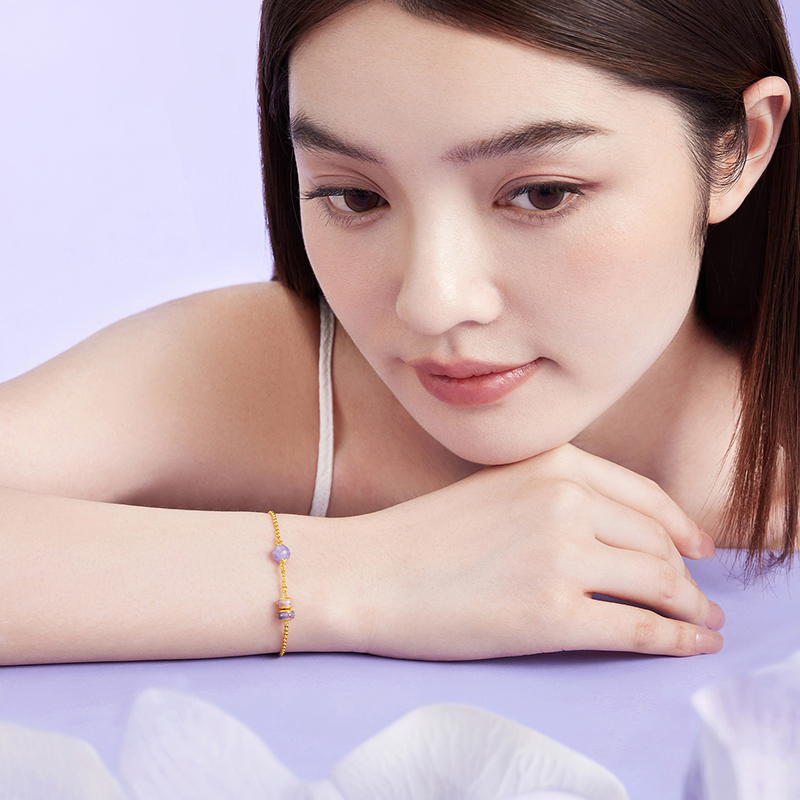 六福珠宝福满传家紫金筒珠九紫离火黄金足金手链女计价HEG0026DS灵韵紫晶