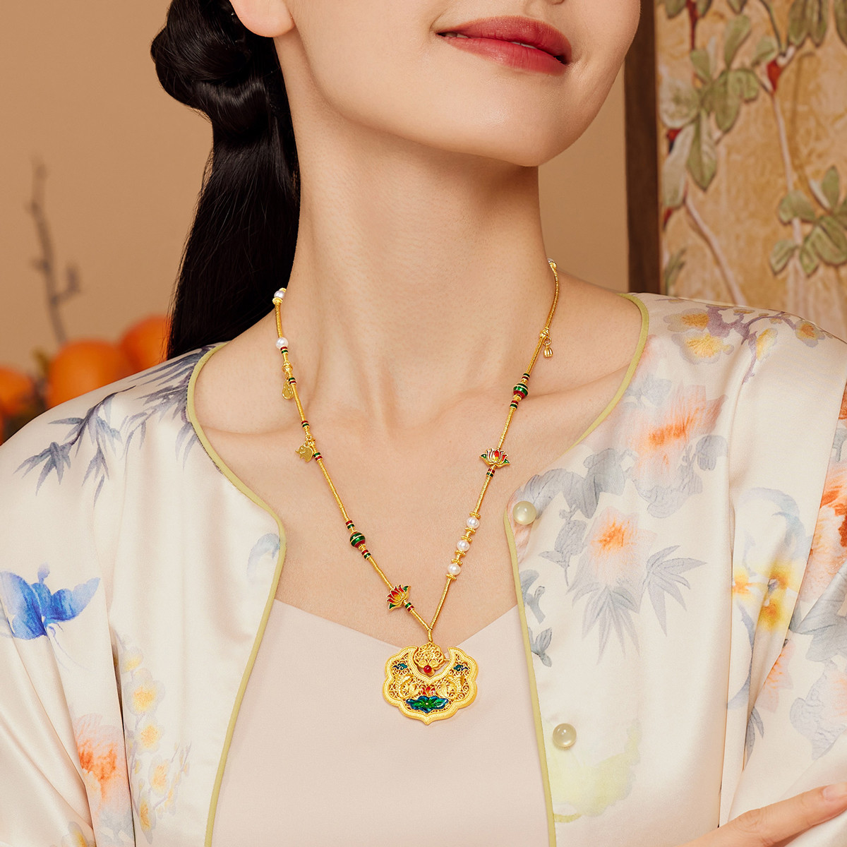 六福珠宝福满传家福运莲莲如意莲花金锁包女锦鲤黄金项链计价004952NA绿色莲2绿2