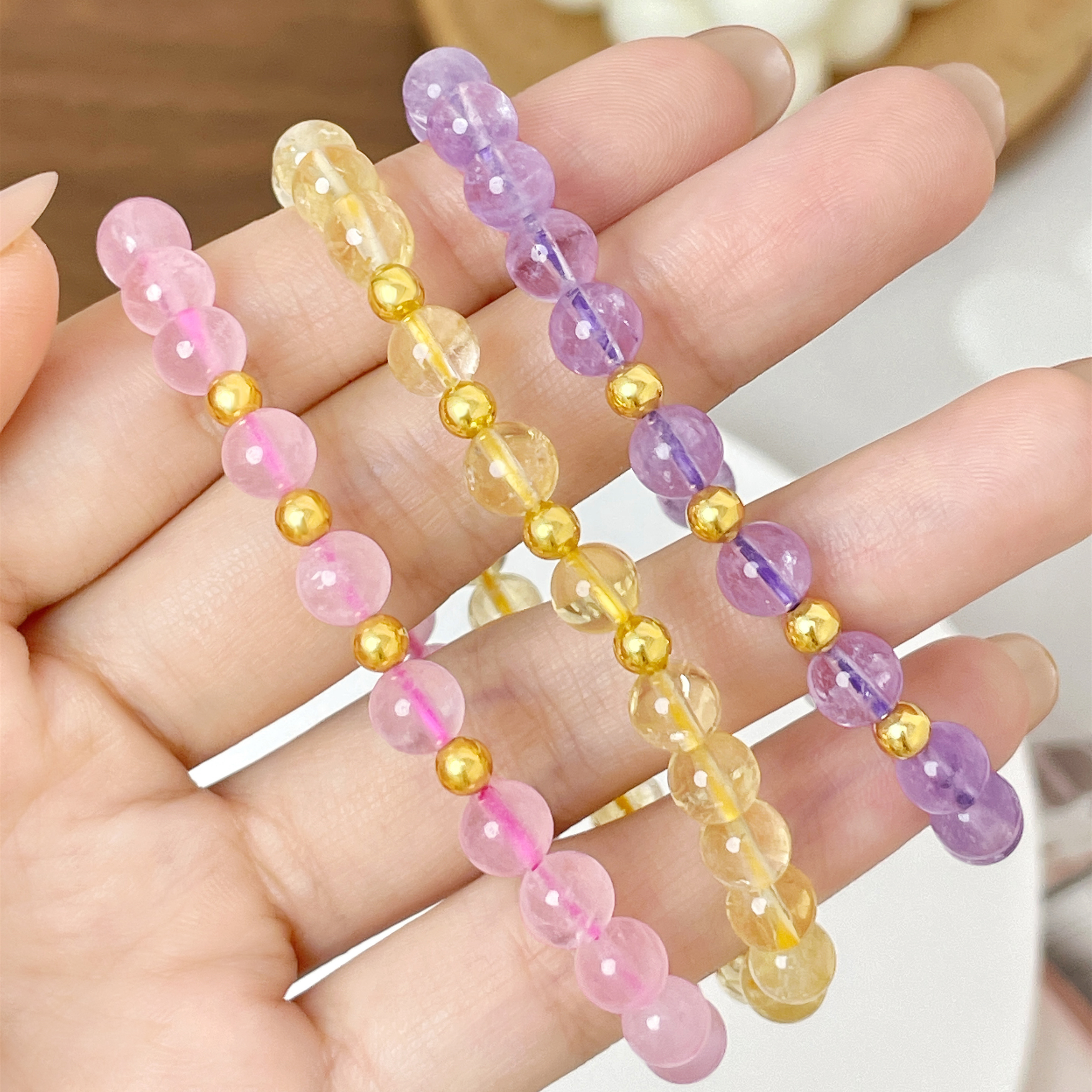 六福珠宝小金珠黄金手链女款5D硬金水晶手串珠定价A03A0007DS