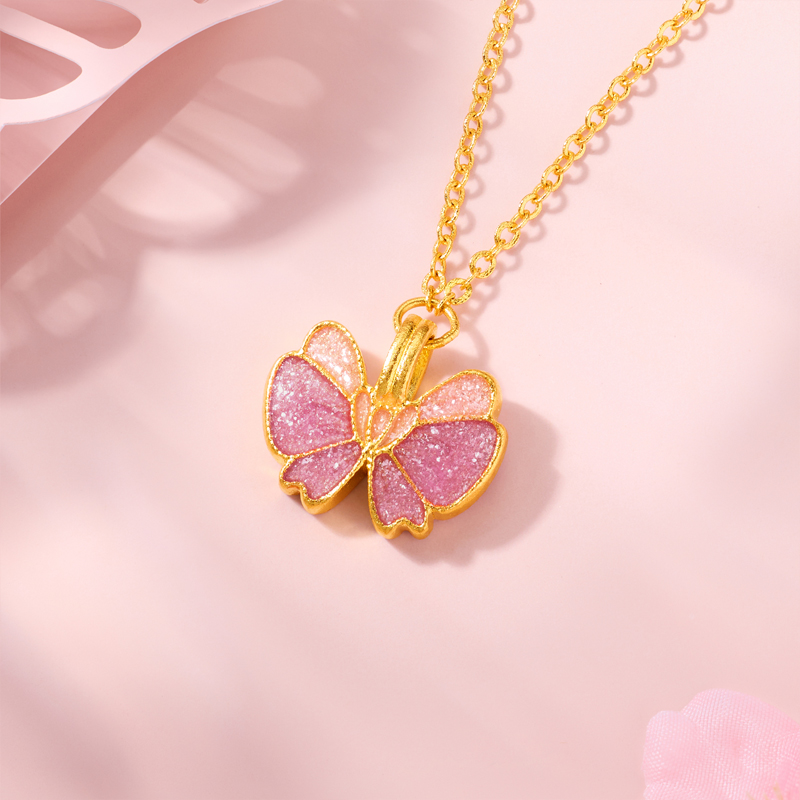 六福珠宝福满传家粉蝶曼舞黄金项链女蝴蝶鎏彩工艺计价GDG0006DS【联系客服补货】