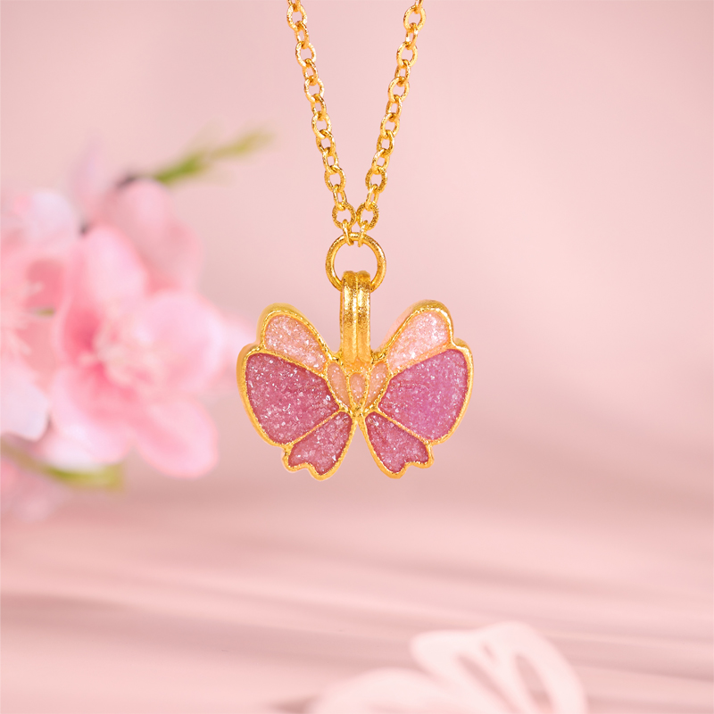 六福珠宝福满传家粉蝶曼舞黄金项链女蝴蝶鎏彩工艺计价GDG0006DS【联系客服补货】