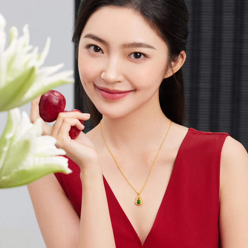 六福珠宝福满传家唐潮福禄双全黄金项链翡翠足金葫芦镶钻023824NA【联系客服补货】绿色