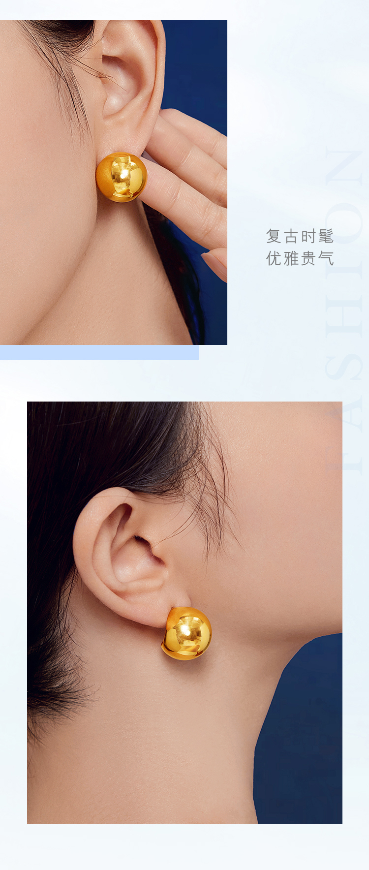 六福珠宝金豆豆黄金耳钉耳环女款时尚5D硬金耳饰计价A01TBGE0009