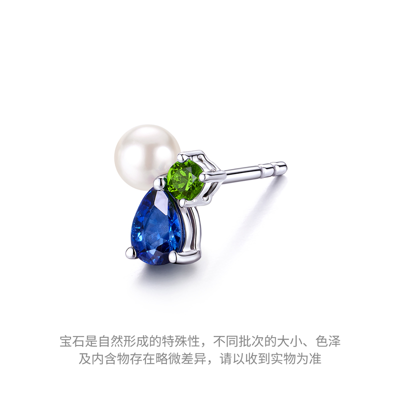 六福珠宝小月光铂金Pt950蓝宝石淡水珍珠单只耳钉女款FDJ0001DS铂金新品海边
