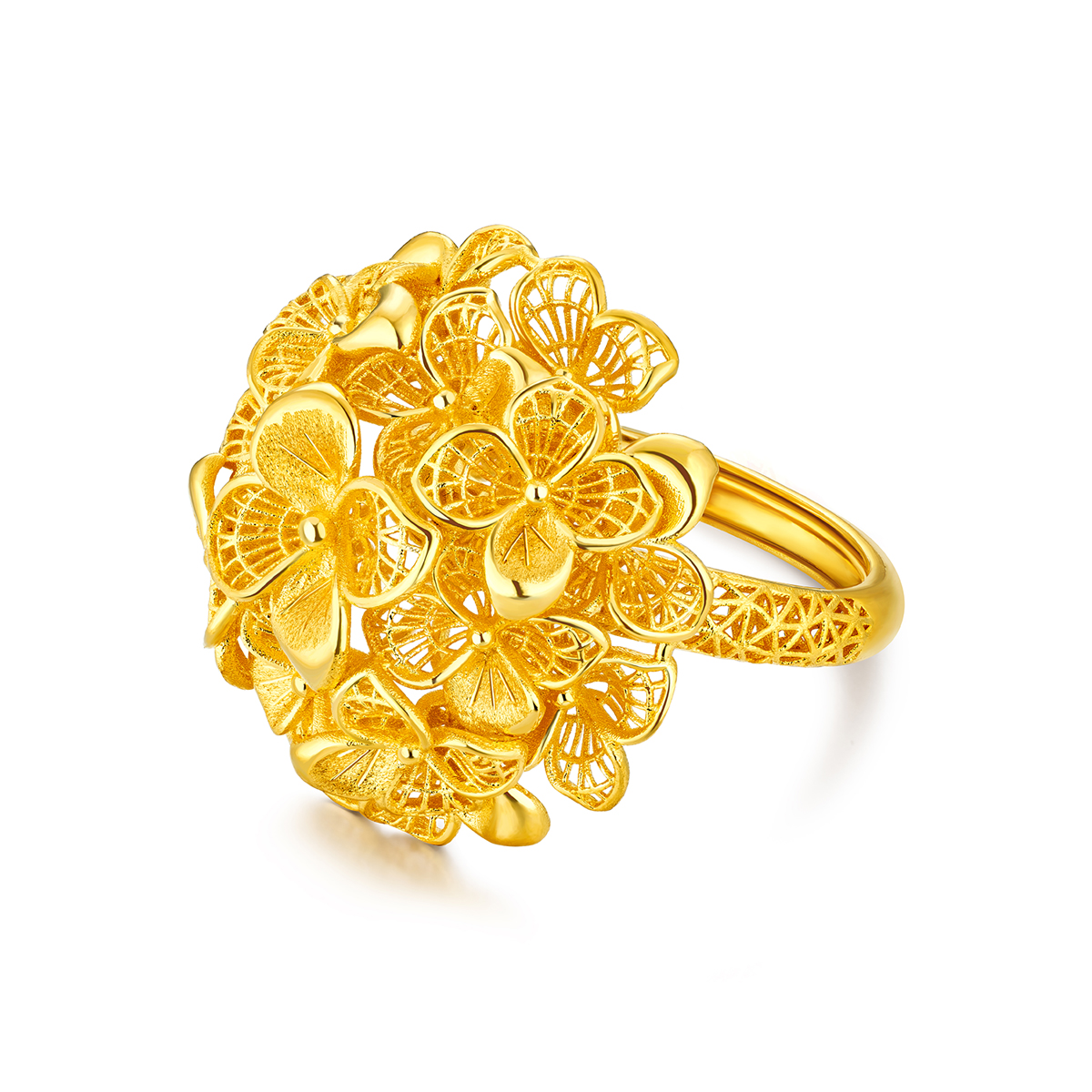 六福珠宝囍爱系列锦绣佳缘黄金戒指女金绣球花婚嫁礼计价020796RA【1V1直播看货】