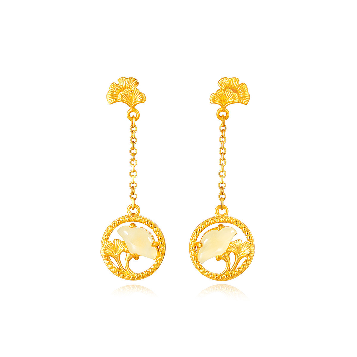 六福珠宝银杏叶耳钉和田玉黄金耳环女婚嫁足金耳坠计价GDGTBE0059