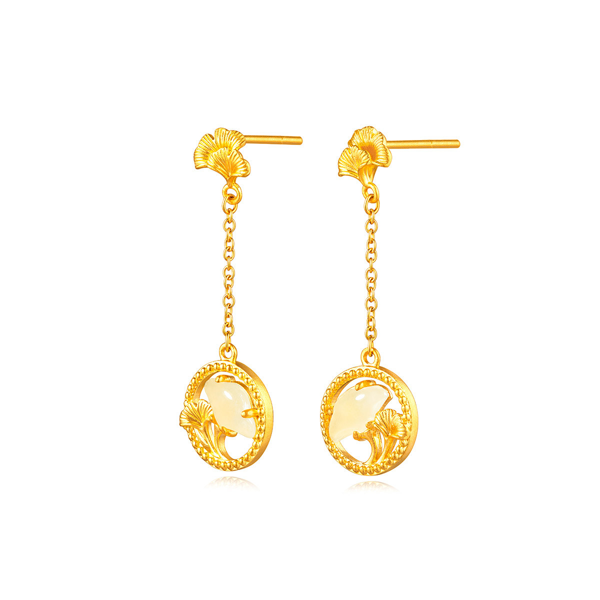 六福珠宝银杏叶耳钉和田玉黄金耳环女婚嫁足金耳坠计价GDGTBE0059