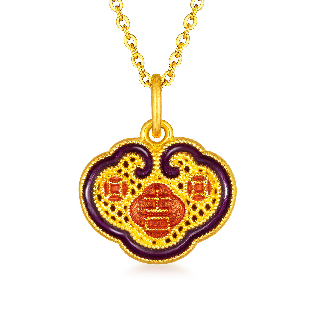 六福珠宝吉祥如意鎏彩工艺足金黄金吊坠不含链送礼计价HPGTBP0007