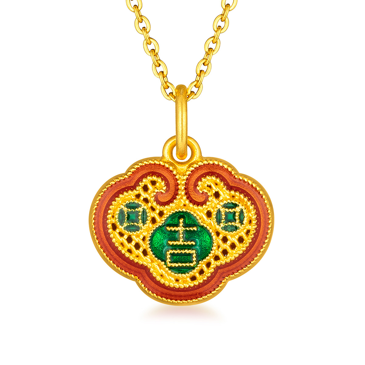 六福珠宝吉祥如意鎏彩工艺足金黄金吊坠不含链送礼计价HPGTBP0007