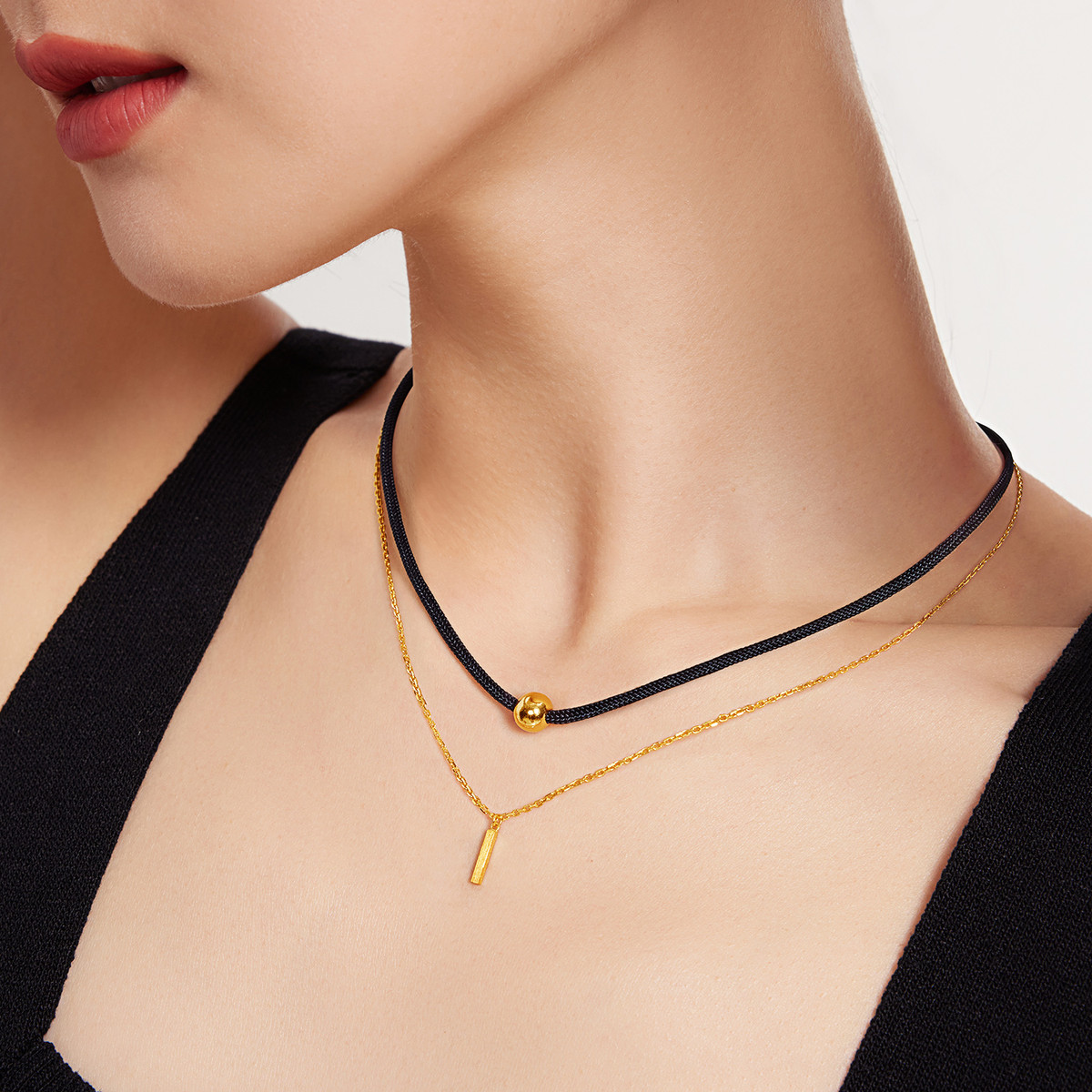 六福珠宝新月系列项圈双层黄金项链套链女编织绳计价G08TBGN0008【1V1直播看货】