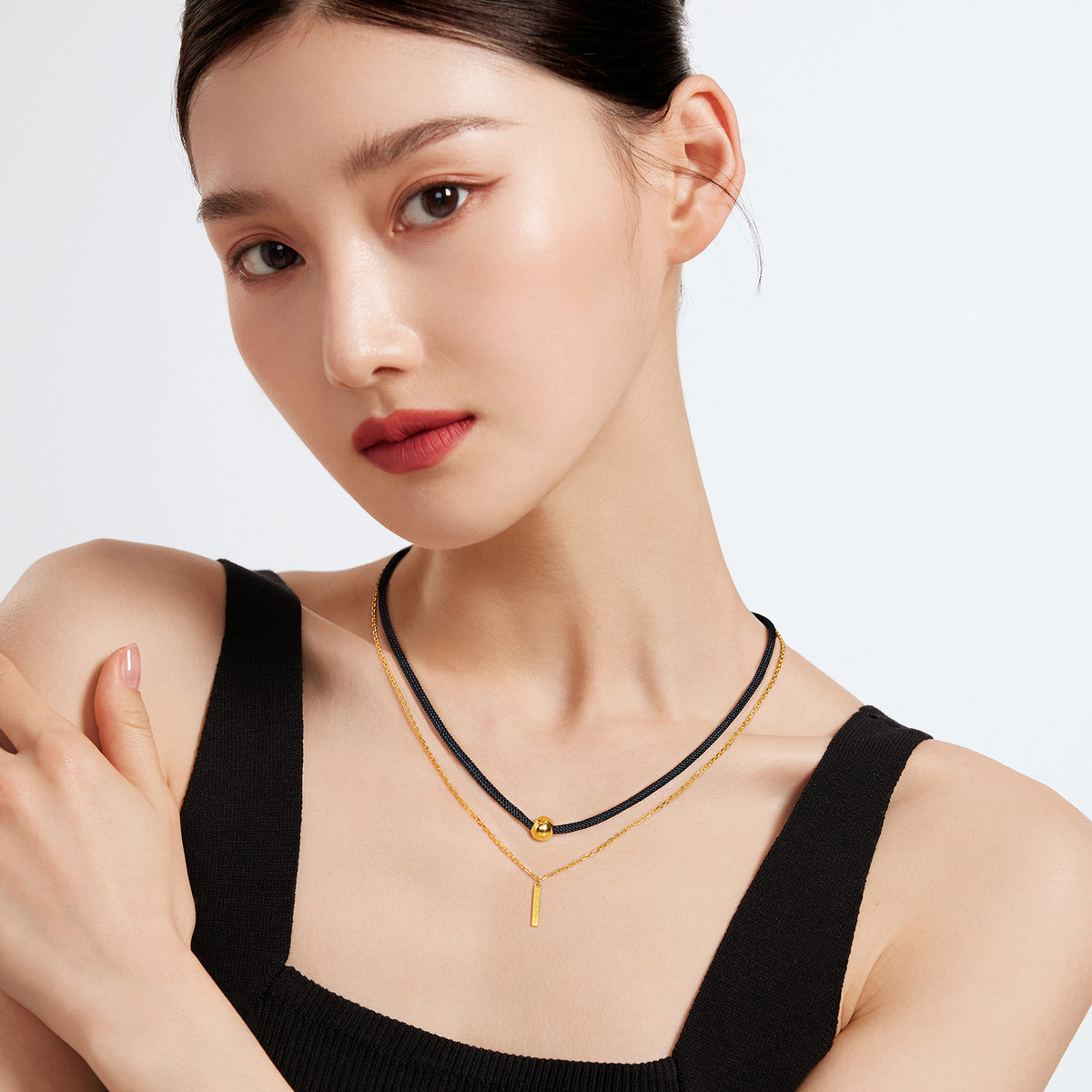 六福珠宝新月系列项圈双层黄金项链套链女编织绳计价G08TBGN0008【1V1直播看货】