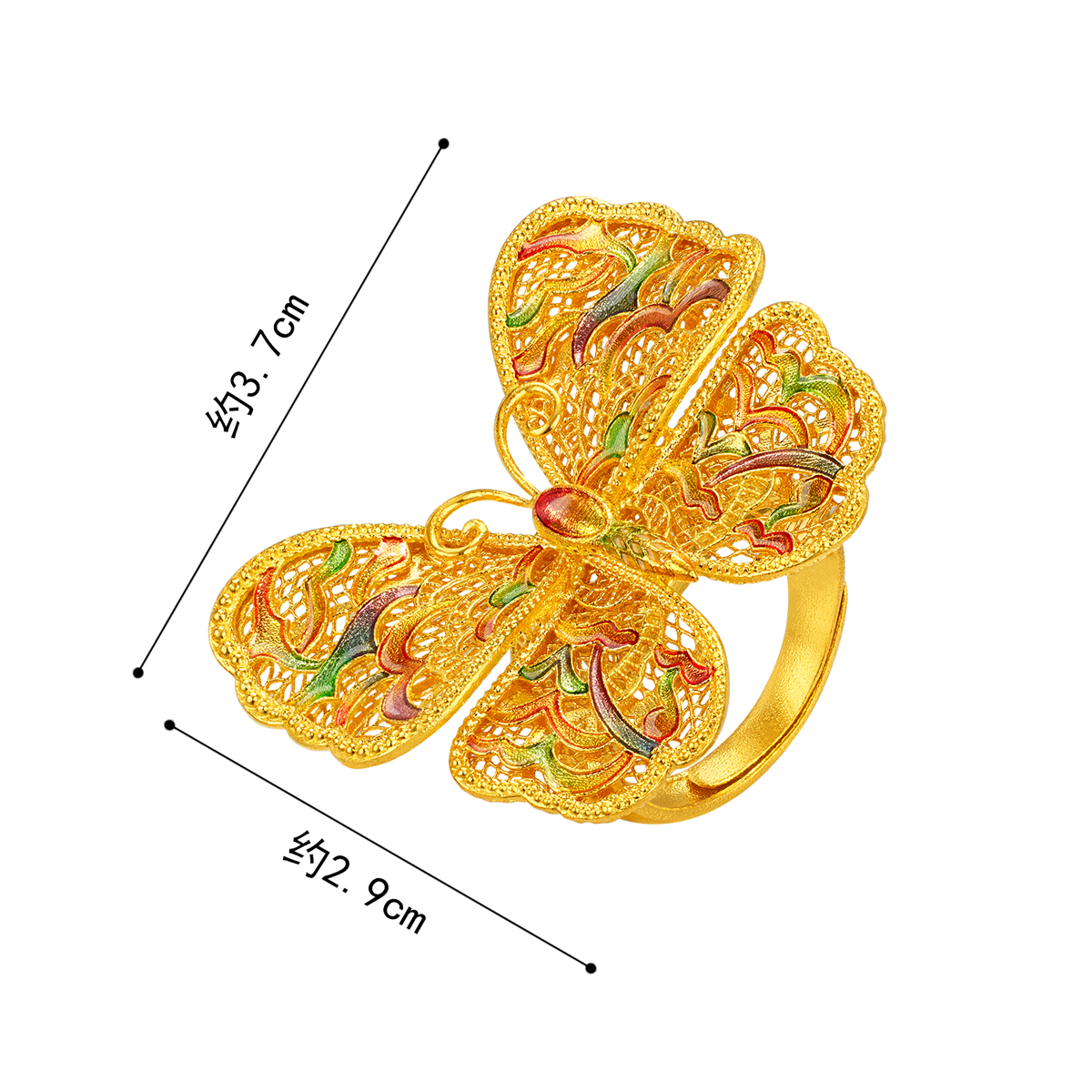 六福珠宝福满传家花丝彩蝶黄金戒指鎏彩工艺蝴蝶计价G08TBGR0008绿色
