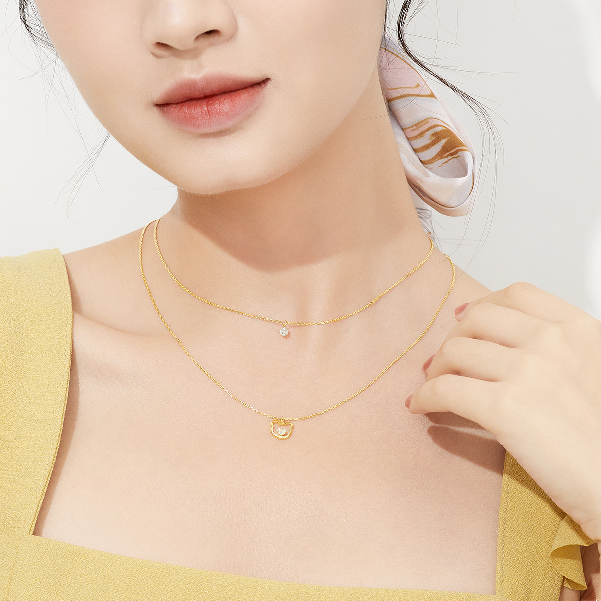 六福珠宝雪花18K金天然钻石项链女彩金吊坠套链含延长链定价N199A【联系客服补货】