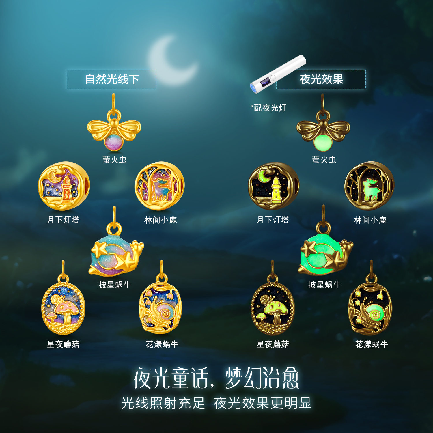 六福珠宝森系夜光鎏彩工艺黄金转运珠足金吊坠串珠GJA0033DS女神节