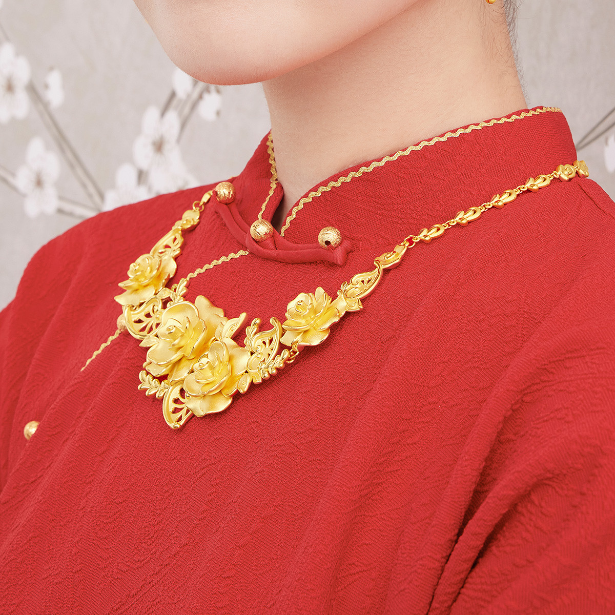 六福珠宝囍爱系列玫瑰喜礼黄金套链女中式婚嫁项链计价001073NA【联系客服补货】