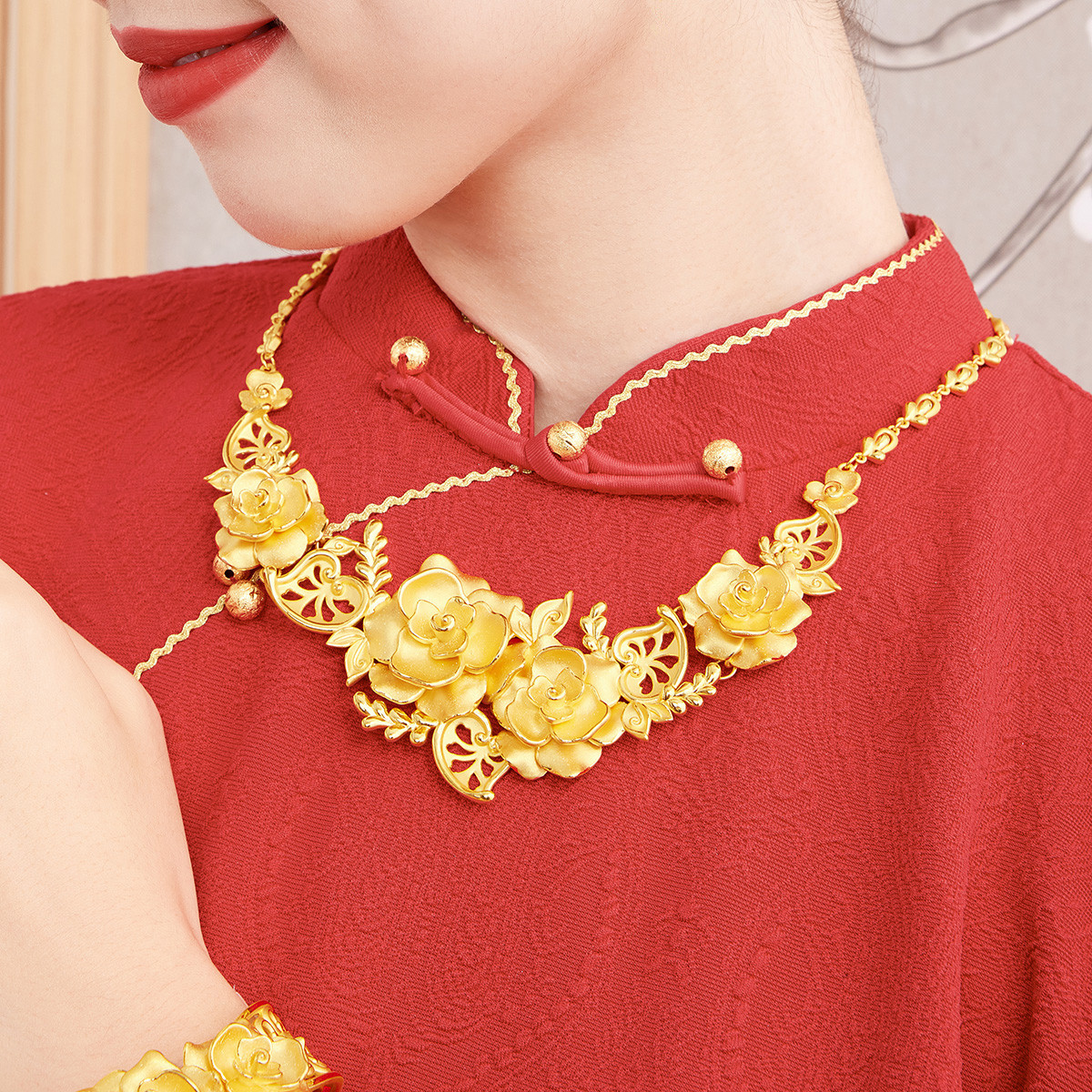 六福珠宝囍爱系列玫瑰喜礼黄金套链女中式婚嫁项链计价001073NA【联系客服补货】