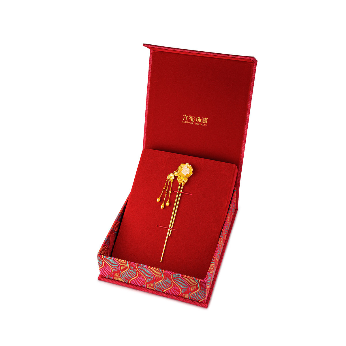 六福珠宝山茶花和田玉黄金发钗流苏钗子女足金发饰计价GDGTBH0002【联系客服补货】