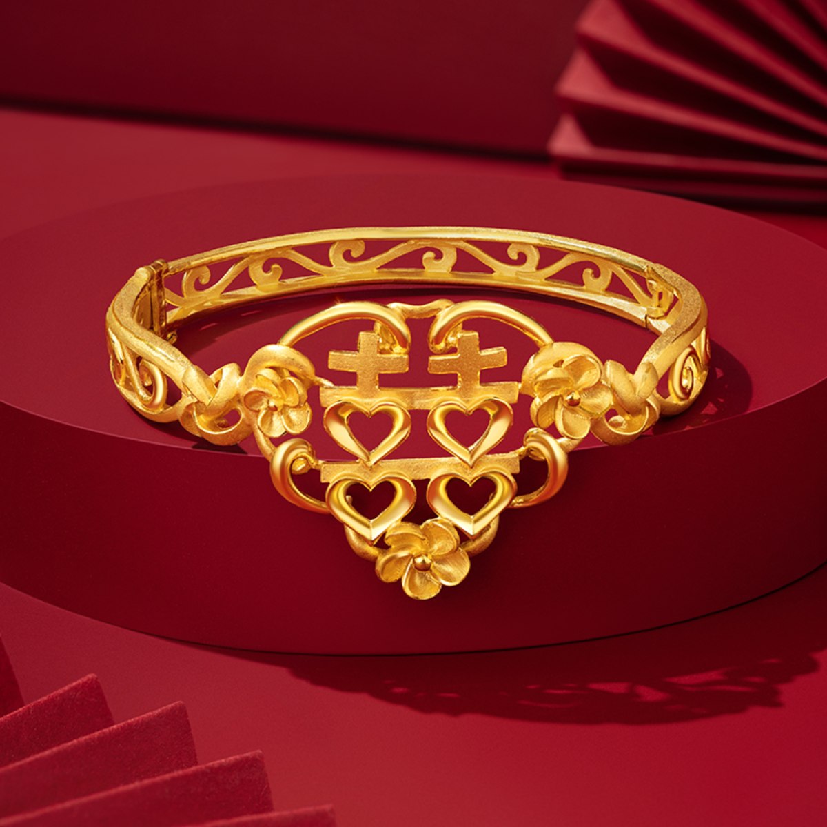 六福珠宝足金手镯囍爱系列囍结情缘黄金婚嫁实心镯计价ERG10001【联系客服补货】