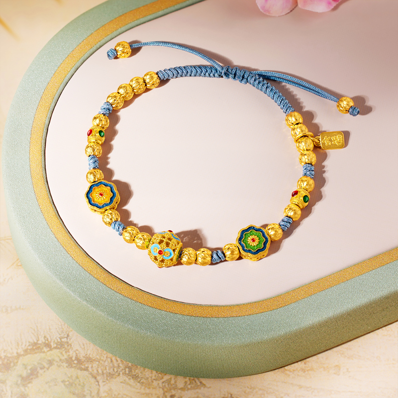 六福珠宝福满传家格桑花黄金手链鎏彩工艺金珠手串计价F63G0048DS【1V1直播看货】【联系客服补货】