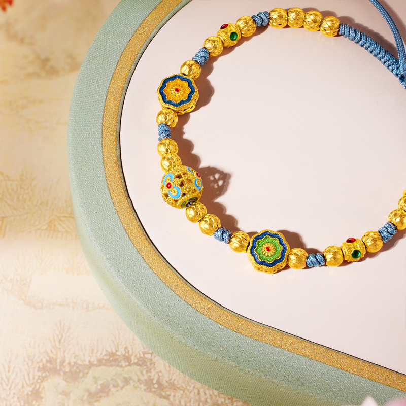 六福珠宝福满传家格桑花黄金手链鎏彩工艺金珠手串计价F63G0048DS【1V1直播看货】【联系客服补货】