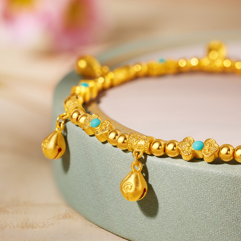  六福珠宝福满传家木鱼祈福铃黄金手链足金手串女款计价G39G0012DS【联系客服补货】