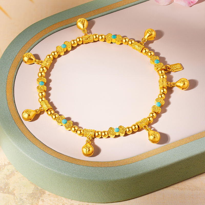  六福珠宝福满传家木鱼祈福铃黄金手链足金手串女款计价G39G0012DS【联系客服补货】