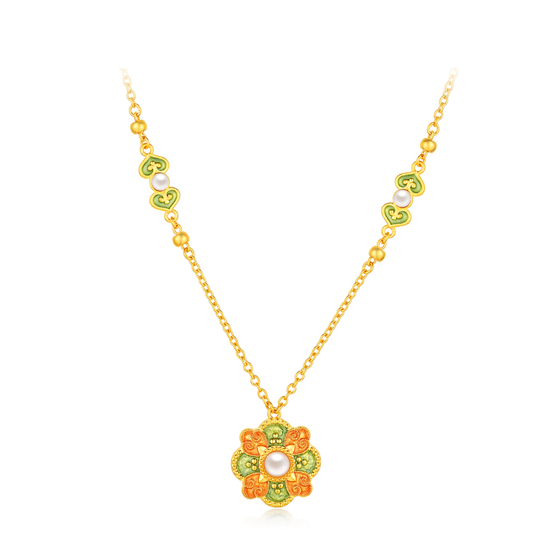 六福珠宝福满传家敦丽金煌唐彩宝相花黄金项链女珍珠计价026866NA【联系客服补货】【视频看货】