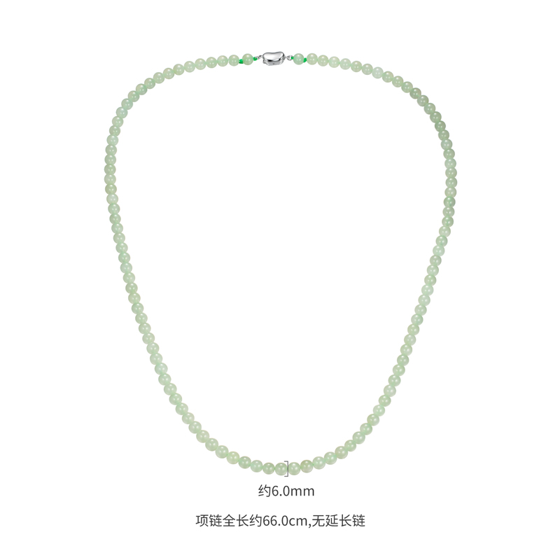六福珠宝圆珠和田玉项链女款Ag925元宝银扣6mm玉石首饰F21A0003DS