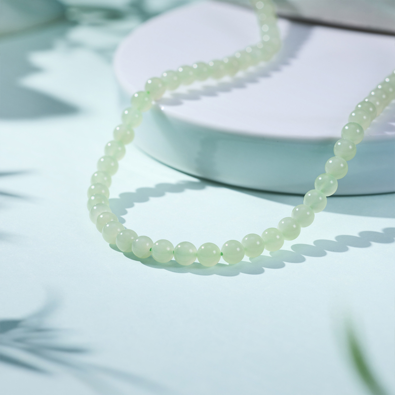 六福珠宝圆珠和田玉项链女款Ag925元宝银扣6mm玉石首饰F21A0003DS