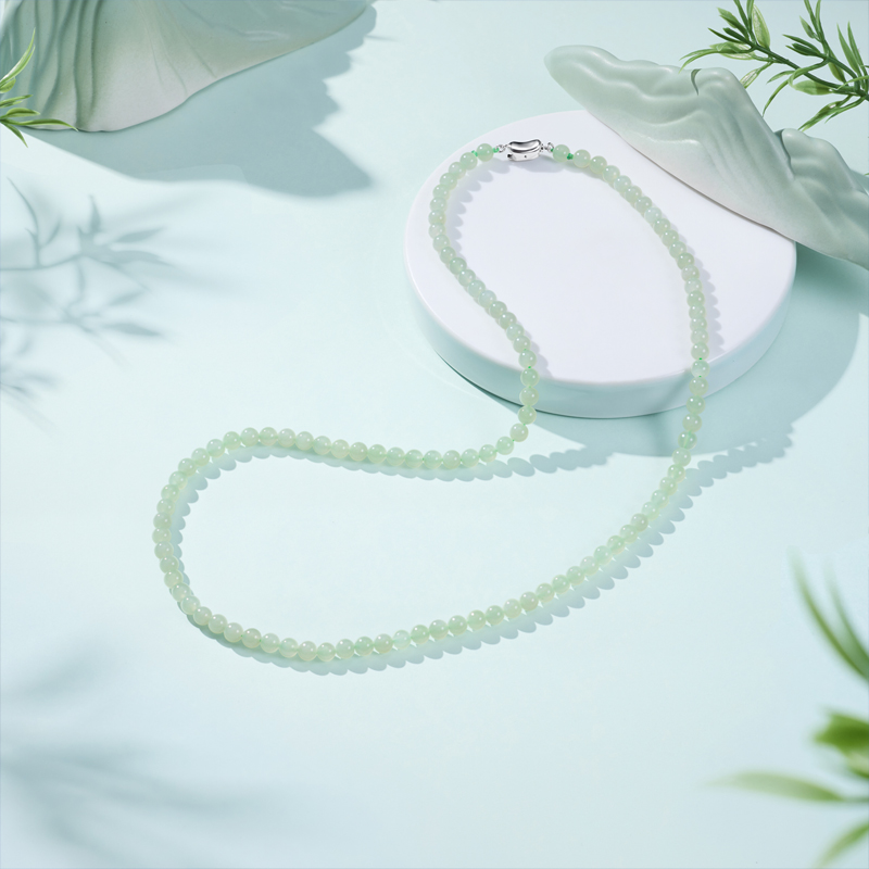 六福珠宝圆珠和田玉项链女款Ag925元宝银扣6mm玉石首饰F21A0003DS