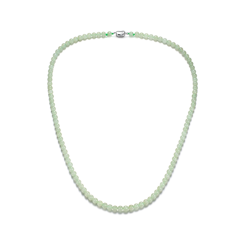 六福珠宝圆珠和田玉项链女款Ag925元宝银扣6mm玉石首饰F21A0003DS