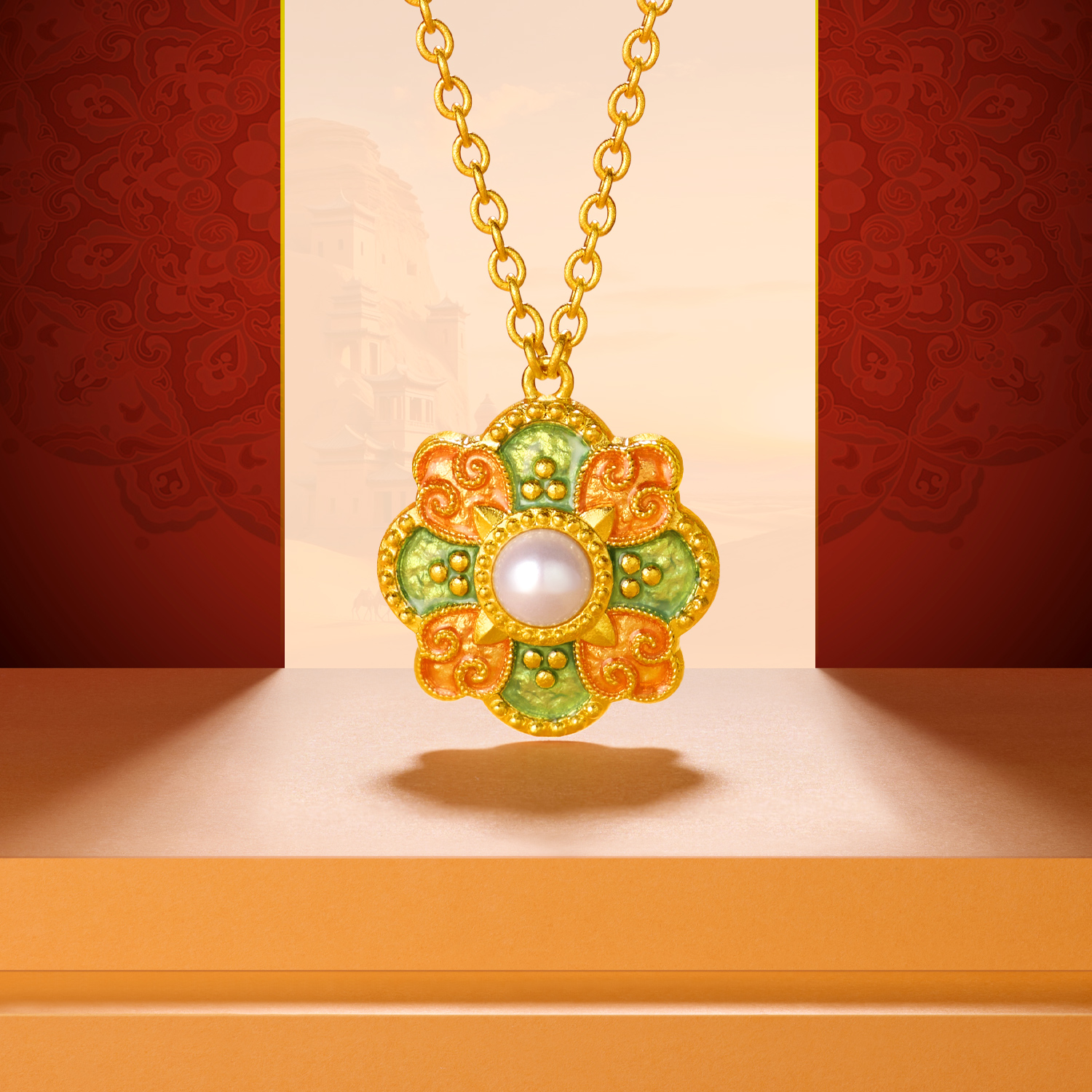 六福珠宝福满传家敦丽金煌唐彩宝相花黄金项链女珍珠计价026866NA【联系客服补货】【视频看货】